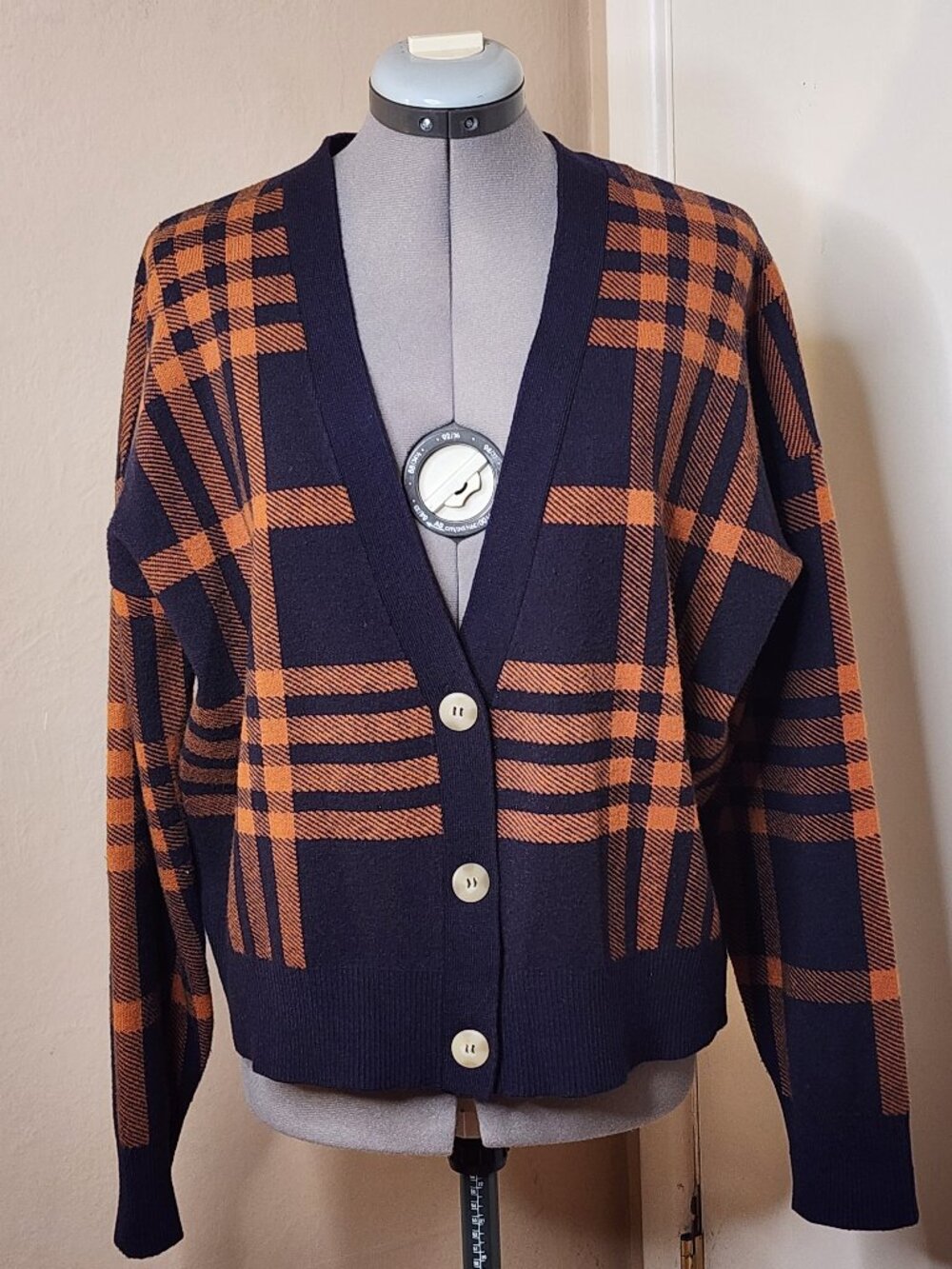 Rachel Zoe Rust And Blue Plaid Cardigan Sweater Size XL